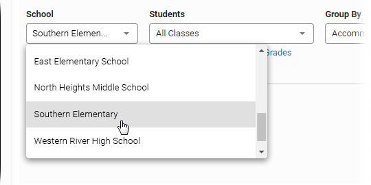 The School drop-down list, with the third school being selected.