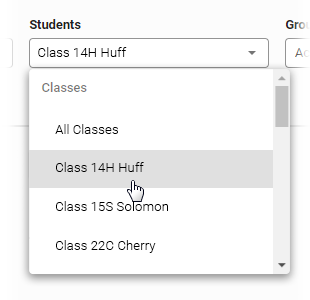 The Students drop-down list, with a single class being selected.