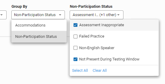 Non-Participation was chosen as the Group By option; the right hand menu is Non-Participation Status, and two statuses have been selected.