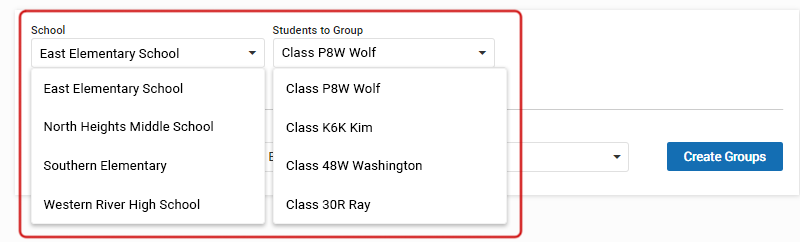 The School and Students to Group drop-down lists.