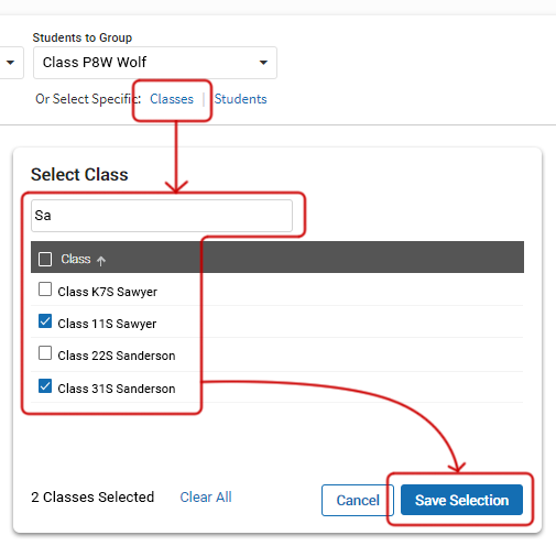 The Classes link has been selected. In the pop-up window, the letters 'S A' were entered in the search field. Four classes were found that have those letters in their name, and two of them have been selected. The Save Selection and Cancel buttons are at the bottom.