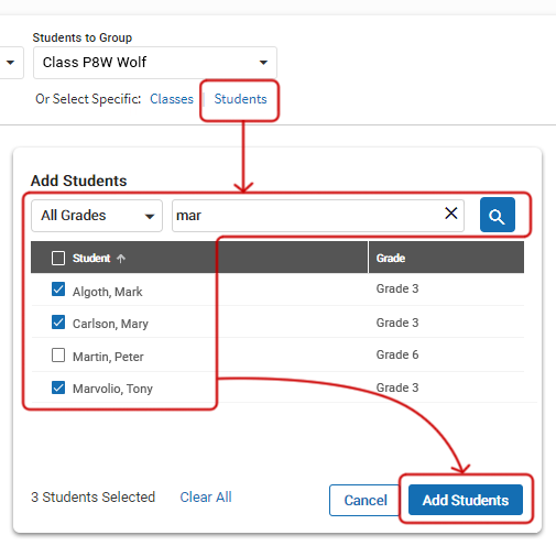 The Students link has been selected. In the pop-up window, the letters 'M A R' were entered in the search field. Four students were found that have those letters in their name, and three of them have been selected. The Add Students and Cancel buttons are at the bottom.