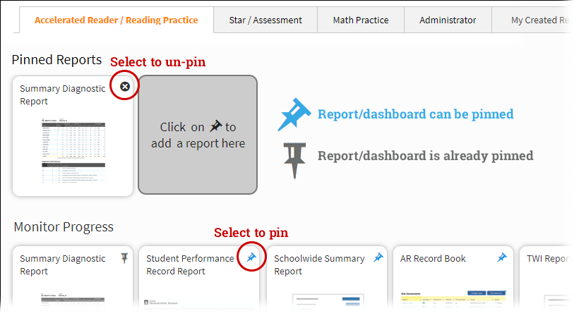 The Accelerated Reader - Reading Practice tab, with one pinned report. The pinned report has an X in the upper-right corner to un-pin it. Reports on the tab that have not been pinned have a blue pushpin icon, which you can select to pin the report. Reports that have already been pinned are still shown in their usual location on the tab, but the pushpin icon is gray instead of blue.
