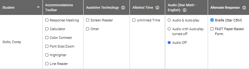 The Accommodation options available for Star Math and Star Reading assessments.