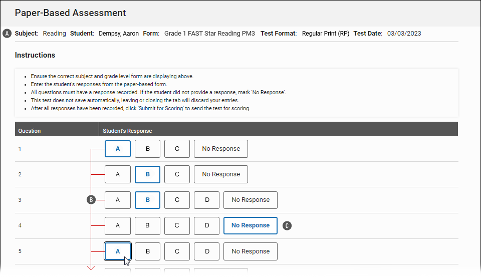 The Paper-Based Assessment page, where the teacher enters student responses to questions.