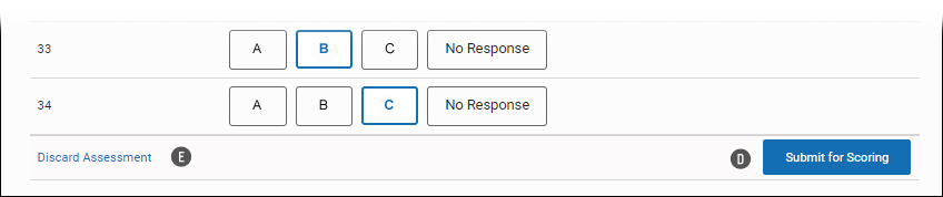 The Submit for Scoring button in the lower-right corner; the Discard Assessment link is in the lower-left corner.