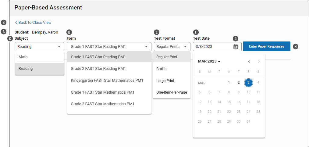 The Paper-Based Assessment page, with the Subject, Form, Test Format, and Test Date fields; the Start Entering Paper Responses button is on the right.