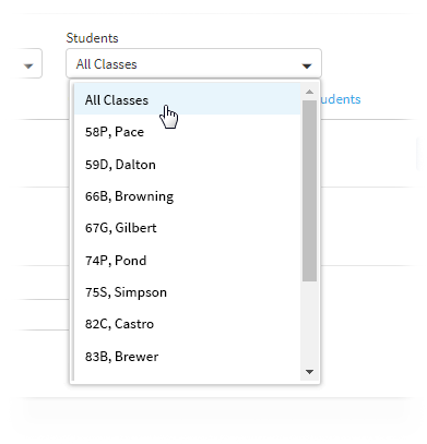 All Classes being selected from the Students drop-down list.
