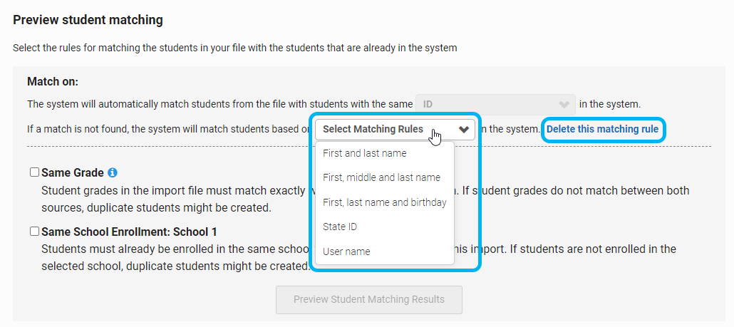 matching options for new rules and the delete matching rule link