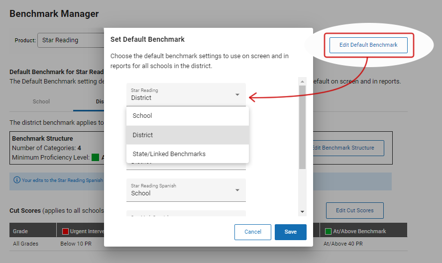 In the pop-up window, each Star product used by the schools in the district is listed; each has a drop-down list where you can select the default benchmark. The Save and Cancel buttons are at the bottom.