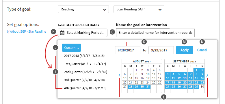The user has chosen to select custom start and end dates for the goal. A pop-up calendar is open, allowing the user to choose the dates. The dates can also be entered in the fields above the calendar. The Apply and Cancel buttons are in the upper-right corner of the pop-up window.
