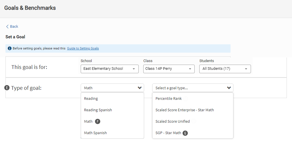 The Set a Goal page: Math is the selected goal category, and SGP - Star Math is the selected goal type.