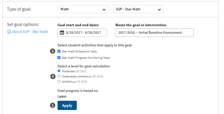 In this example, Math is the goal category, and SGP - Star Math is the goal type. The user must select which Star Math tests will apply towards this goal: Enterprise and or Progress Monitoring. Levels for goal calculation follow; the Apply button is at the bottom.