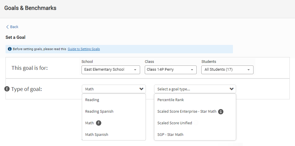 The Set a Goal page: Math is the selected goal category, and Scaled Score Enterprise - Star Math is the selected goal type.