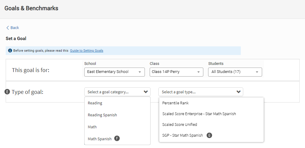 The Set a Goal page: Math Spanish is the selected goal category, and SGP - Star Math Spanish is the selected goal type.