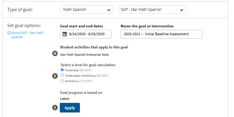 In this example, Math Spanish is the goal category, and SGP - Star Math Spanish is the goal type. The user does not need to select which tests will apply towards this goal: only Star Math Spanish Enterprise tests will apply. Levels for goal calculation follow; the Apply button is at the bottom.