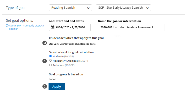 In this example, Reading Spanish is the goal category, and SGP - Star Early Literacy Spanish is the goal type. The user does not need to select which tests will apply towards this goal: only Star Early Literacy Spanish Enterprise tests will apply. Levels for goal calculation follow; the Apply button is at the bottom.