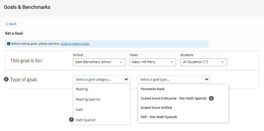 The Set a Goal page: Math Spanish is the selected goal category, and Scaled Score Enterprise - Star Math Spanish is the selected goal type.