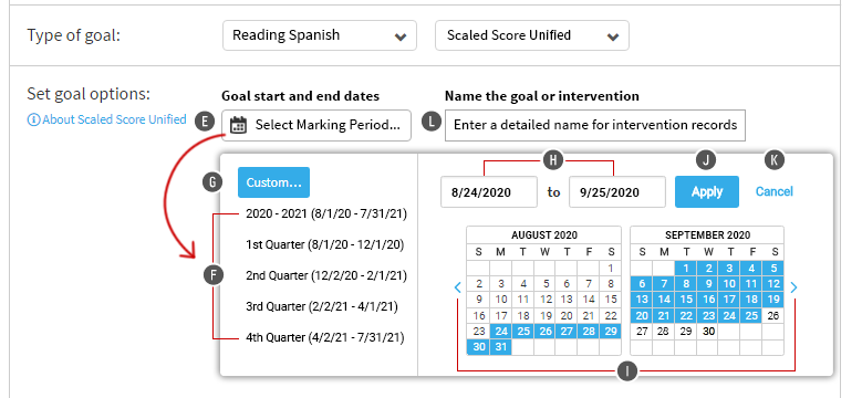 The user has chosen to select custom start and end dates for the goal. A pop-up calendar is open, allowing the user to choose the dates. The dates can also be entered in the fields above the calendar. The Apply and Cancel buttons are in the upper-right corner of the pop-up window.