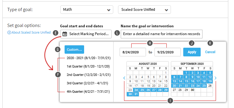 The user has chosen to select custom start and end dates for the goal. A pop-up calendar is open, allowing the user to choose the dates. The dates can also be entered in the fields above the calendar. The Apply and Cancel buttons are in the upper-right corner of the pop-up window.