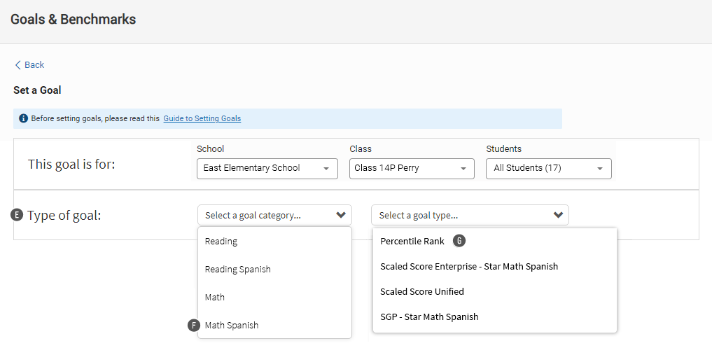 The Set a Goal page: Math Spanish is the selected goal category, and Percentile Rank is the selected goal type.