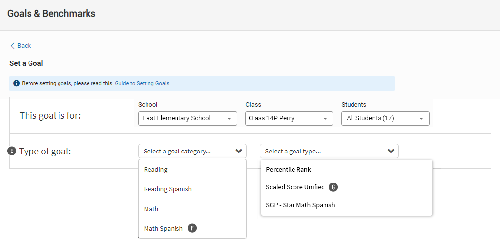 The Set a Goal page: Math Spanish is the selected goal category, and Scaled Score Unified is the selected goal type.