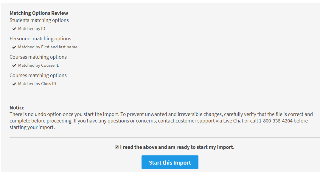 the check box confirming you have read the information and are ready to start the import