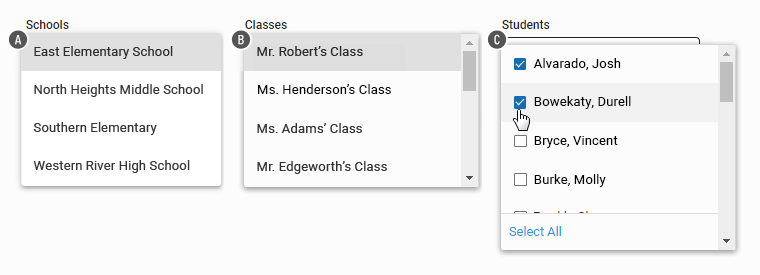 The Schools, Classes, and Students drop-down lists.