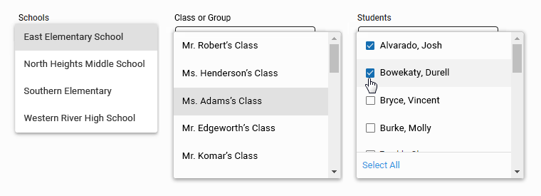 The Schools, Class or Group, and Students drop-down lists.