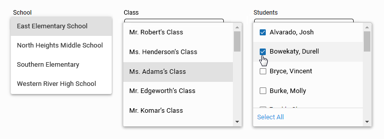 The School, Class, and Students drop-down lists.