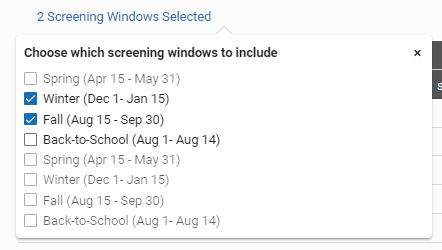 A pop-up window showing four screening windows, two of which are selected.