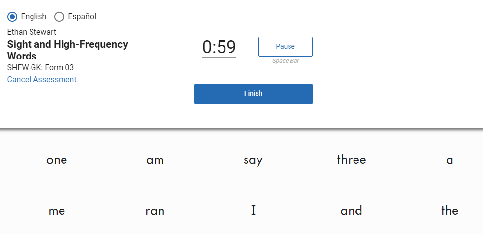 Sight and High Frequency Words example