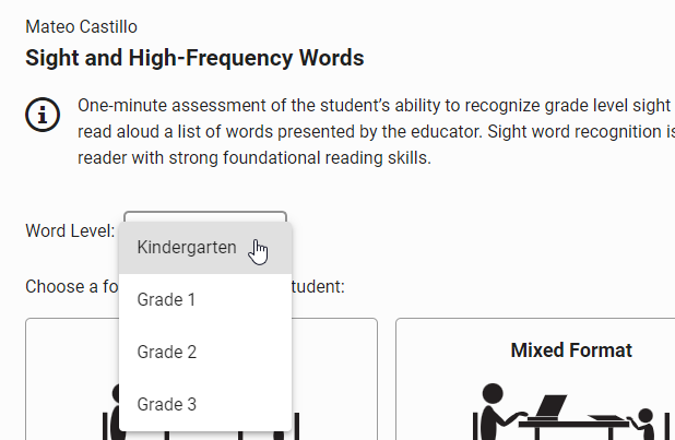 the Word Level drop-down list for Sight and High Frequency Words