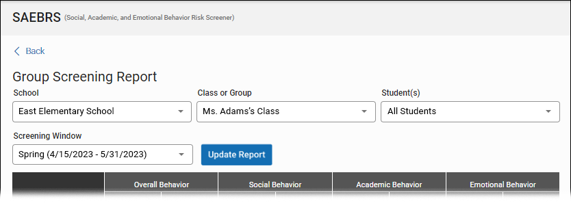 The School, Class or Group, Student, and Screening Window drop-down lists.