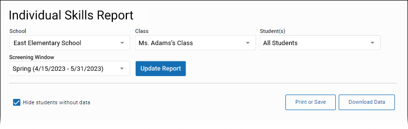 The drop-down lists to select a school, class or group, students, and screening window.