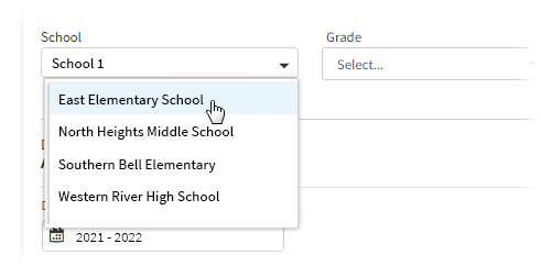 One school being selected from the School drop-down list.