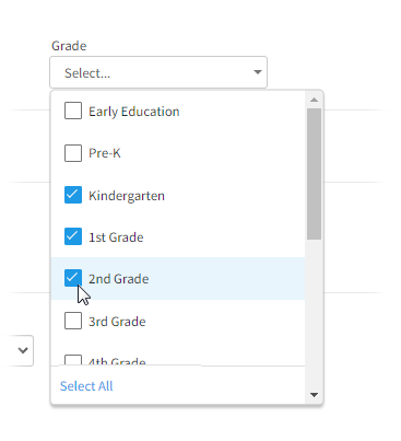 The Grade drop-down list, with three grades chosen.