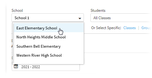 One school being selected from the School drop-down list.