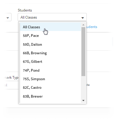 All Classes being selected from the Students drop-down list.