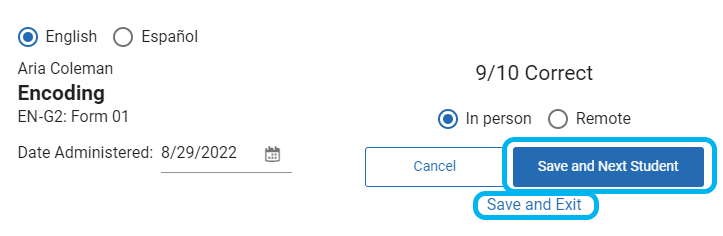 the Save and Next Student and Save and Exit options