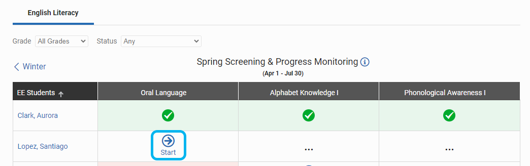 the Start icon for the first assessment in the table