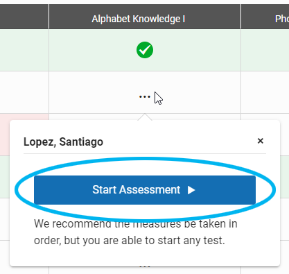 an example showing the three dots selected and the Start Assessment option in a popup window