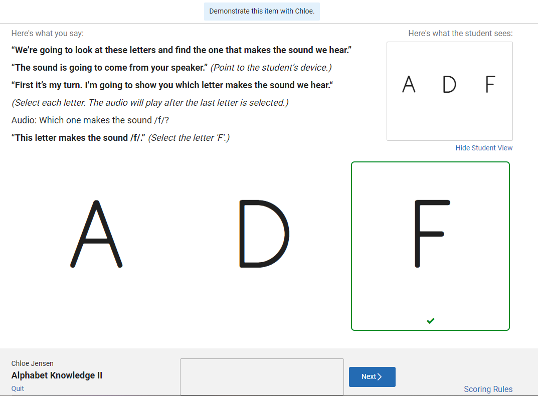 the teacher view of a practice Alphabet Knowledge II item