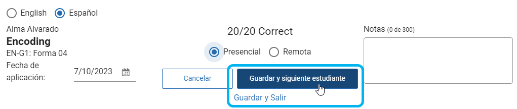 el botón Guardar y siguiente estudiante y el vínculo Guardar y Salir