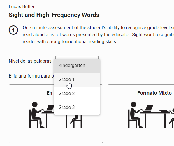 la lista desplegable del Nivel de la palabra para Sight words y palabras de alta frecuencia