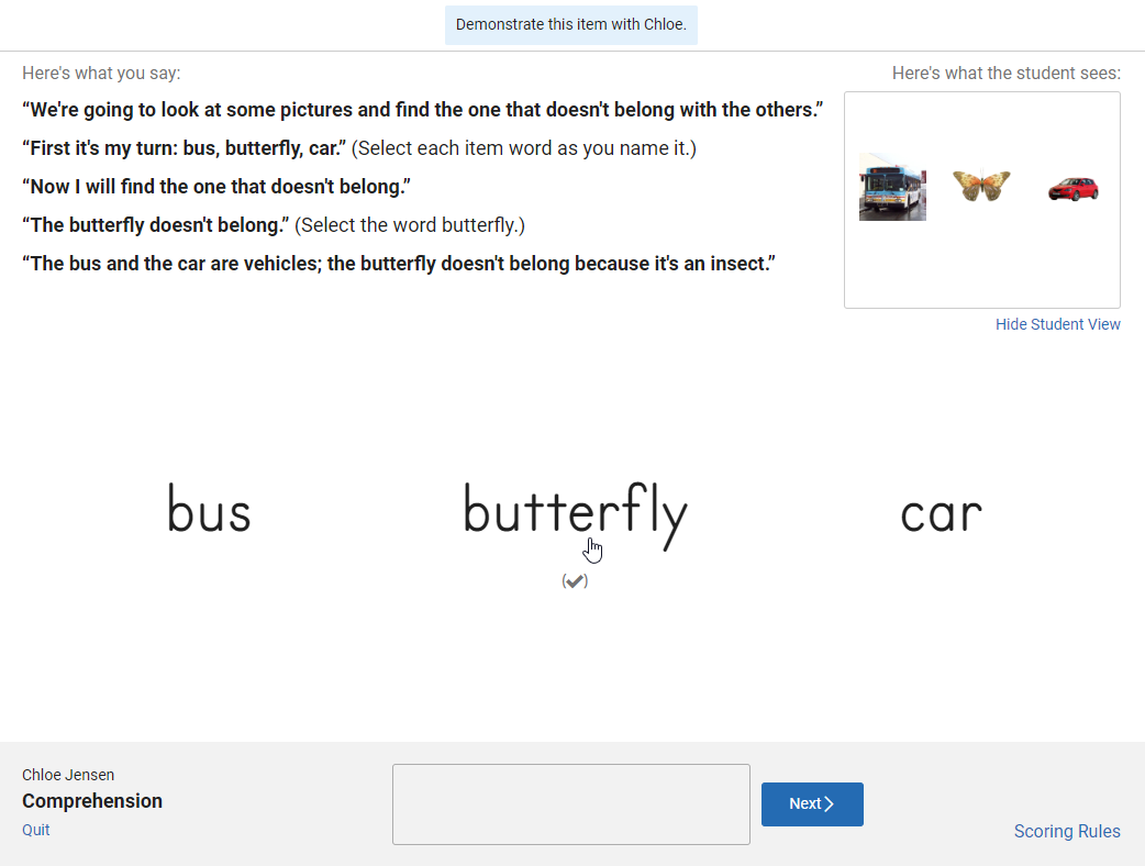 the teacher view of a Comprehension practice item