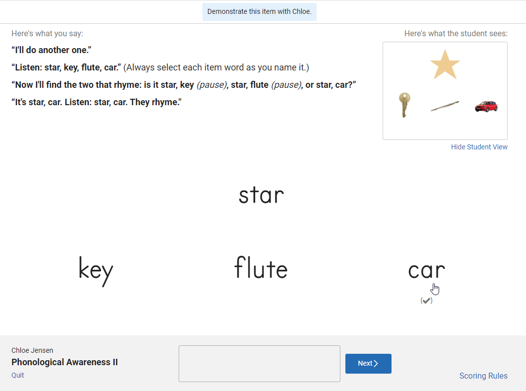 the teacher view of a Phonological Awareness II practice item