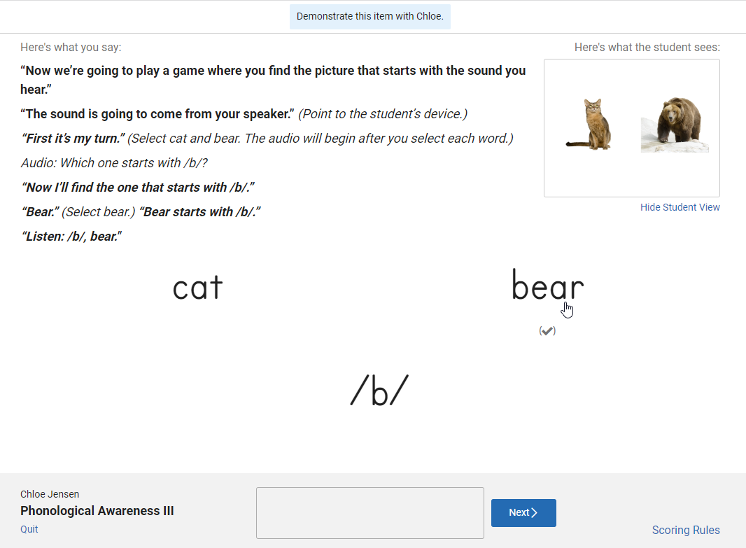 the teacher view of a Phonological Awareness III practice item