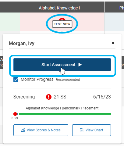 the Test Now icon and the popup window with a Start Assessment option