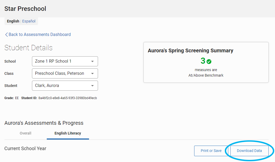 the Download Data button on the Student Details page and the English Literacy tab